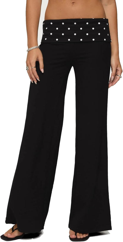 Women Y2k Fold Over Yoga Pants Colour Block Straight Leg Bottoms Low Rise Stretchy Lounge Trousers