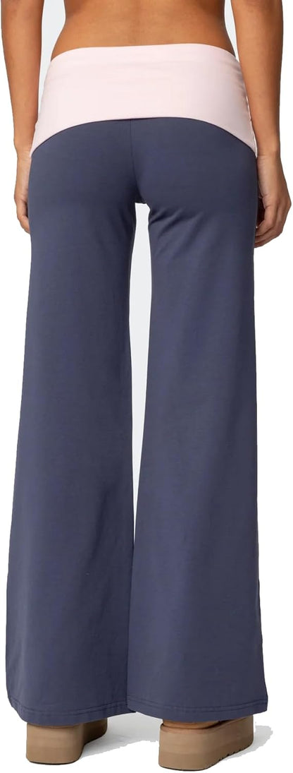Women Y2k Fold Over Yoga Pants Colour Block Straight Leg Bottoms Low Rise Stretchy Lounge Trousers