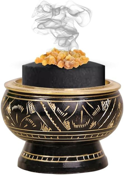 ARO VATIKA Incense Brass Burner (Black) | Used for Burning Charcoal, Sambrani, Dhoop & Resin | for Office Temple Prayer | Wooden Coasterto Hold | Home Purifying Loban Stand