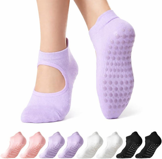 COOLMATE Pilates Socks with Grips for Women, Yoga Socks, Crew Non Slip Women for Barre, Pilates Gifts for Women - Colors A