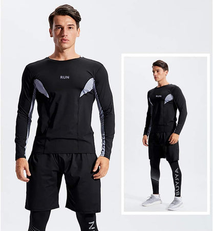 BUYJYA 5Pcs Men's Compression Pants Shirt Top Long Sleeve Jacket Athletic Sets Gym Clothing Mens Workout