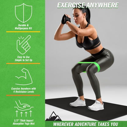 Yoga Mat Set - 4-Pack of Resistance Bands for Working Out with 1/2-Inch Workout Mat - Home Gym Starter Kit - Exercise Equipment by Wakeman (Green)