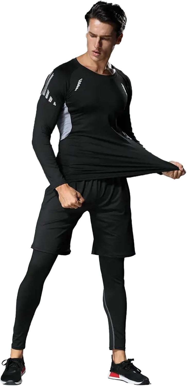 3 PCS Men's Compression Set - Workout Long Sleeve Top & Pants with running Shorts | Moisture-Wicking Gym Bundle