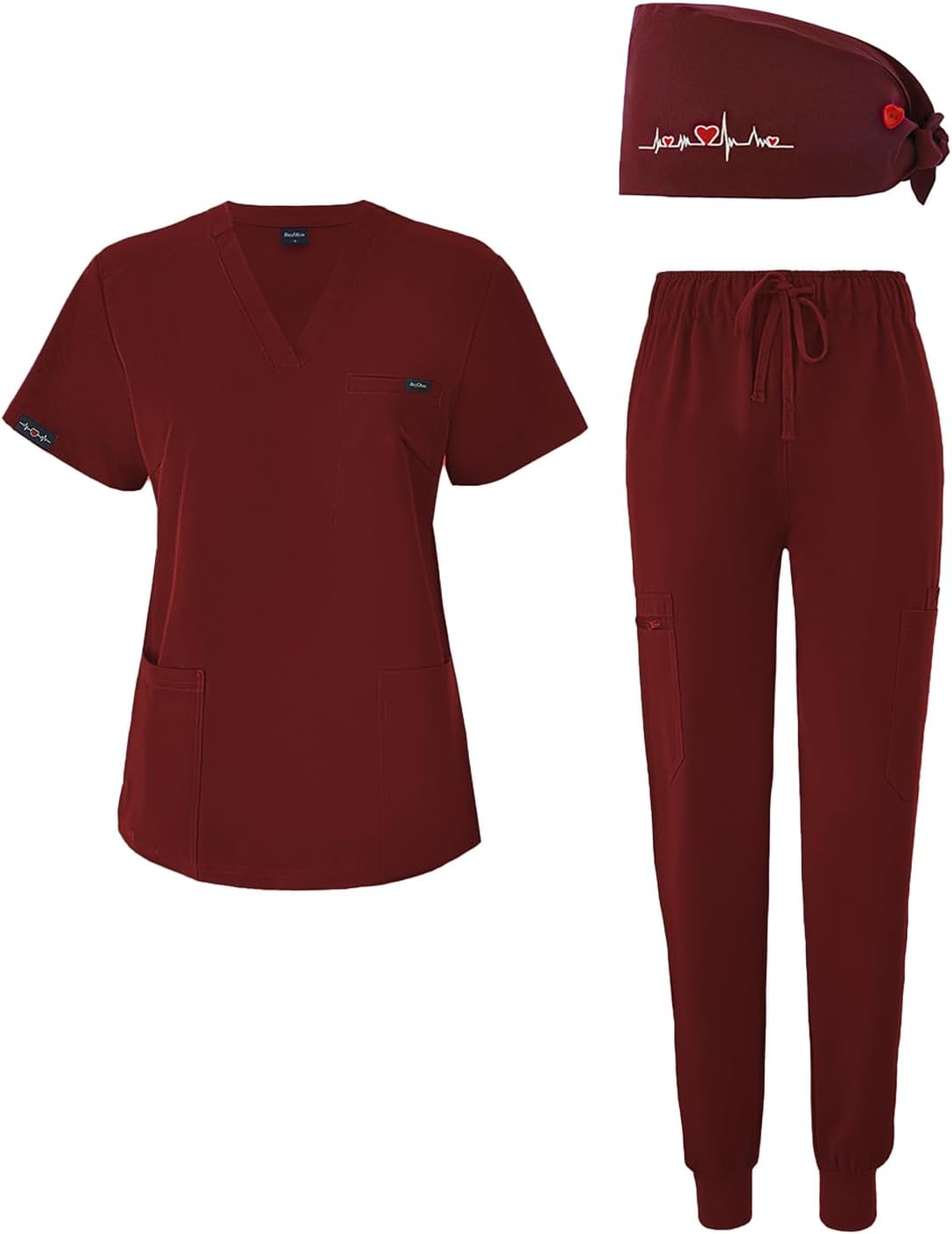 Women's V-Neck Scrubs Set With Cap, Stretchy Top and Jogger Pants, 11 Pockets Nursing Uniform