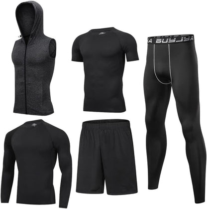 BUYJYA 5Pcs Men's Compression Pants Shirt Top Long Sleeve Jacket Athletic Sets Gym Clothing Mens Workout