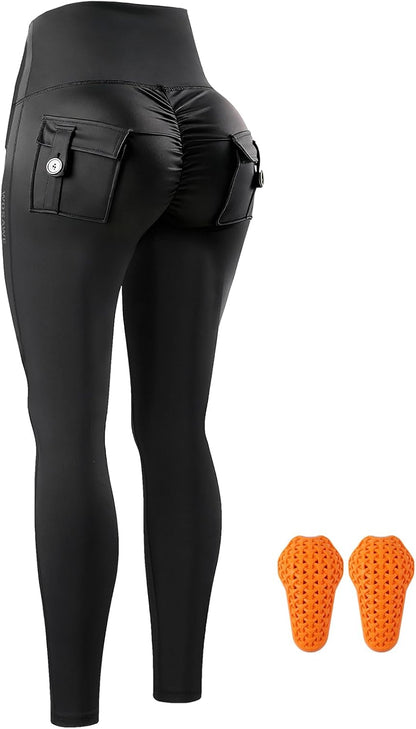 WOSAWE Women's Motorcycle Yoga Leggings with Removable Knee Pads Butt Lifting Cargo Pants