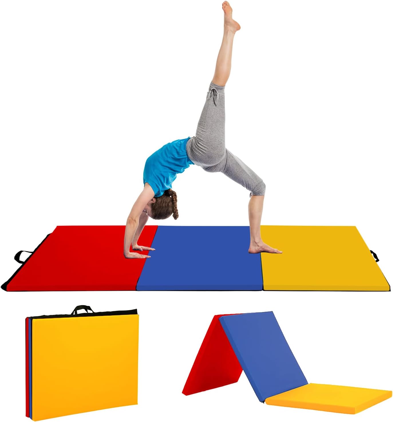 Gymnastics Mat for Tumbling, Folding Tumbling Mat Exercise Mat Gym Mat Tumbling Mats for Kids, Adults, PU Leather Yoga Mat with Carrying Handles