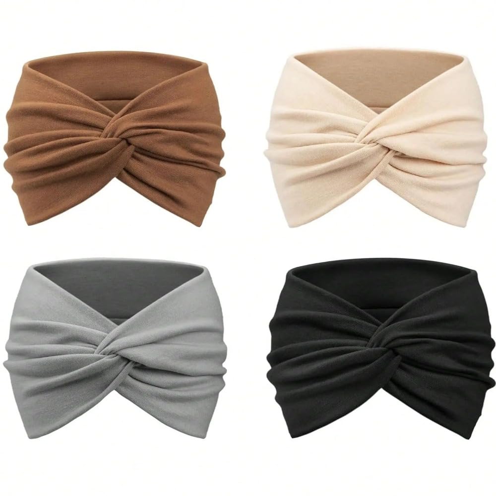 AUGHAD Women's 4-Piece Wide Headband Set - Soft Bohemian Style Scarf Hair Accessories with Knot Design, Suitable for Yoga, Running, Sports, and Daily Wear