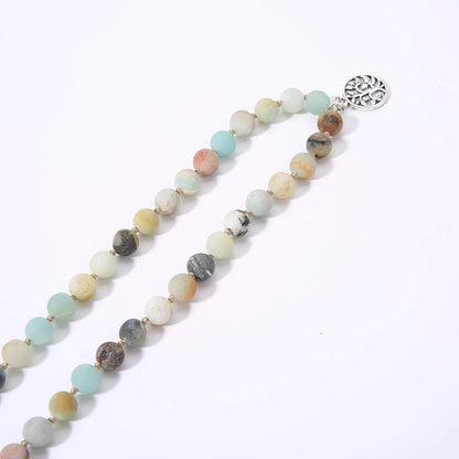 108 Mala Beads Necklace Semi-Precious Gem Stones Meditation Necklace 108 Hand Knotted Japa Mala Beaded Tassel Necklace with Tree of Life Pendant