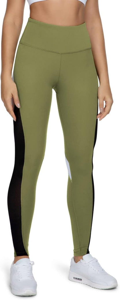 QUEENIEKE Women Yoga Pants Color Blocking Mesh Workout Running Leggings Tights