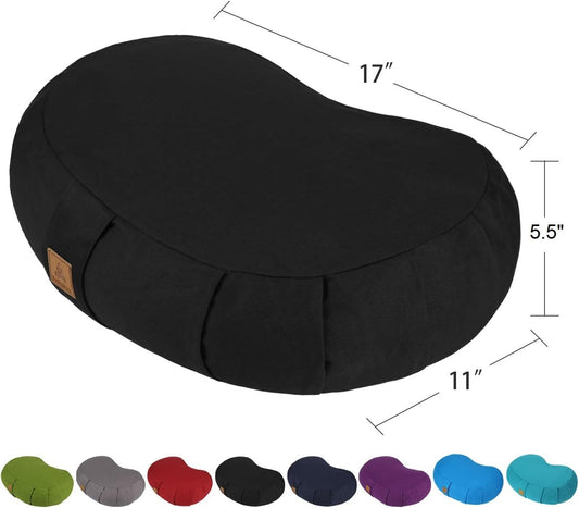 Crescent Zafu Meditation Pillow, D=17" W=11" H=5.5" Zabuton Yoga Bolster, Meditation Cushion, Floor Pouf Yoga Pillow Zippered Organic Cotton Cover Natural Buckwheat kneeling pillow - Large