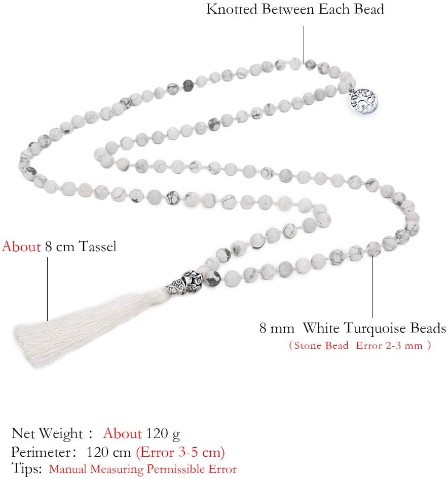 108 Mala Beads Necklace Semi-Precious Gem Stones Meditation Necklace 108 Hand Knotted Japa Mala Beaded Tassel Necklace with Tree of Life Pendant