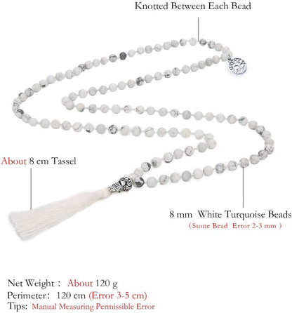 108 Mala Beads Necklace Semi-Precious Gem Stones Meditation Necklace 108 Hand Knotted Japa Mala Beaded Tassel Necklace with Tree of Life Pendant