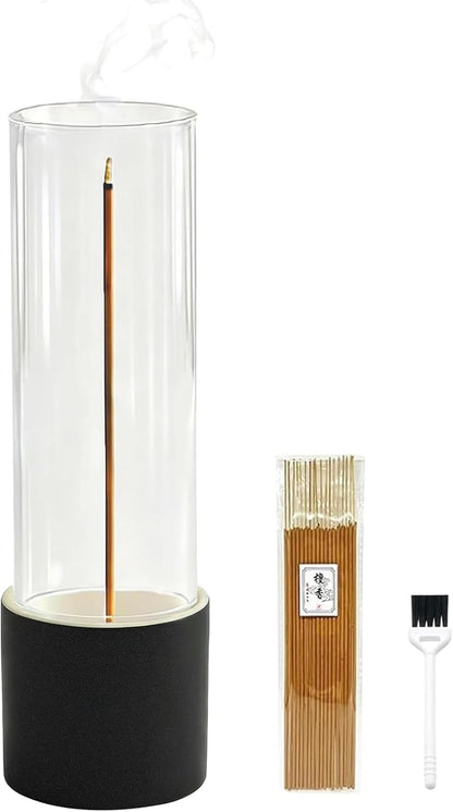 Ceremony Incense Holder, Wooden Incense Holder for Sticks with Glass Ash Catcher, Anti-ash Incense Burner with 20 Incense Sticks and a Ash Brush for Meditation Yoga Spa Room Decor