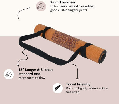 Shakti Warrior Chakra Cork Yoga Mat - Extra Long & Wide, Non Slip, Non Toxic, Great for Yoga, Pilates & Workout (84 x 27 x 2mm Thick)