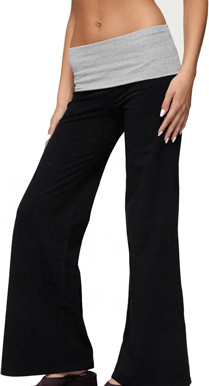 Women Y2k Fold Over Yoga Pants Colour Block Straight Leg Bottoms Low Rise Stretchy Lounge Trousers