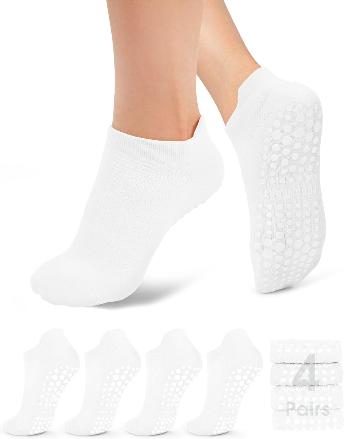 yeuG Pilates Socks for Women Non Slip Grip Socks for Yoga, Barre, Hospital, Barefoot Grippy Yoga Sock Womens Gifts 4 Pairs