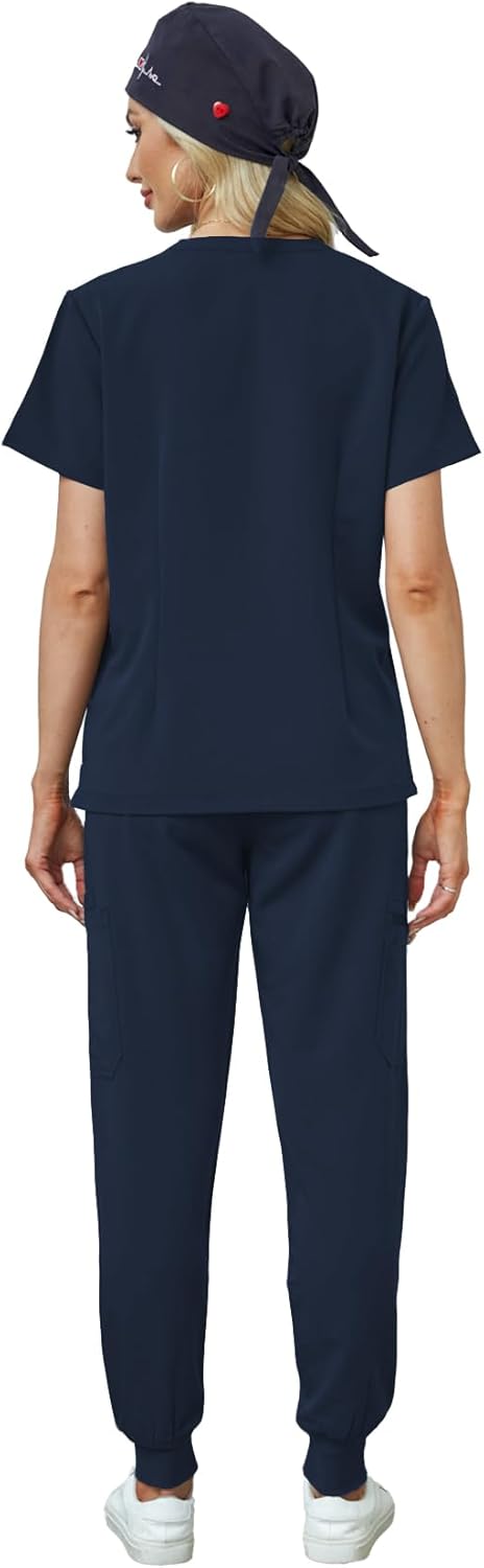 Women's V-Neck Scrubs Set With Cap, Stretchy Top and Jogger Pants, 11 Pockets Nursing Uniform