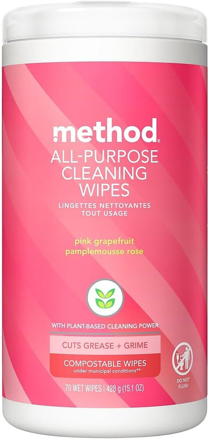 Method All-Purpose Cleaning Wipes, French Lavender, Multi-Surface, Compostable, 70 Count, (Pack of 3)