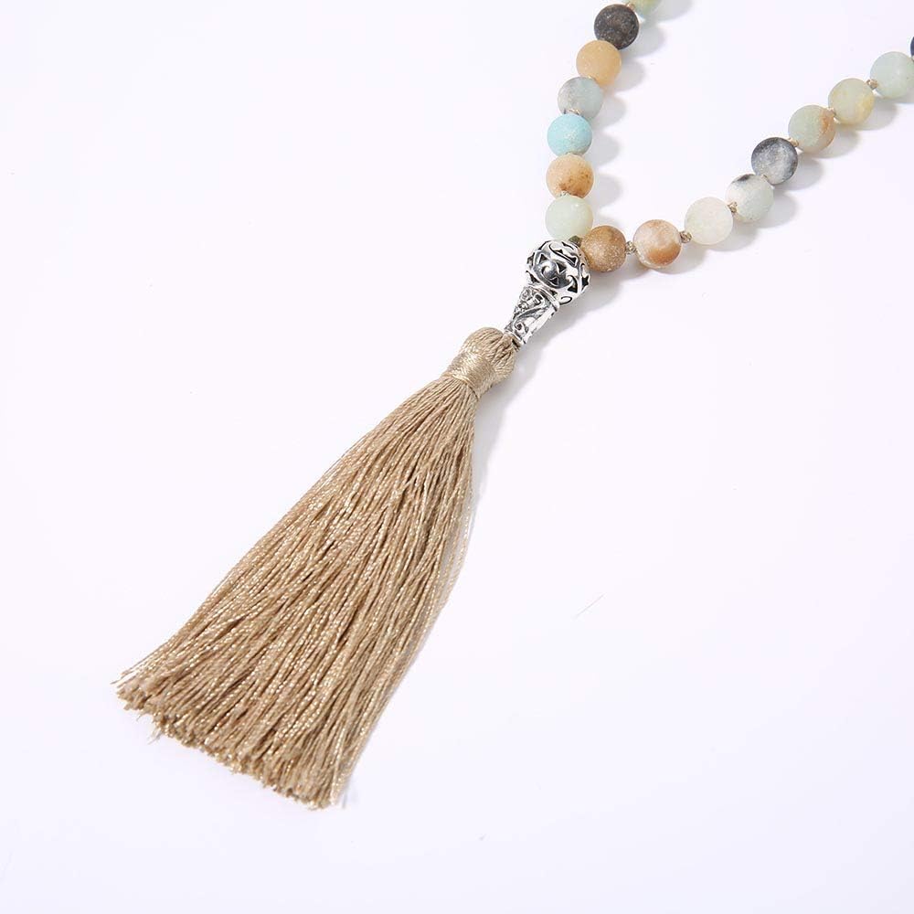 108 Mala Beads Necklace Semi-Precious Gem Stones Meditation Necklace 108 Hand Knotted Japa Mala Beaded Tassel Necklace with Tree of Life Pendant