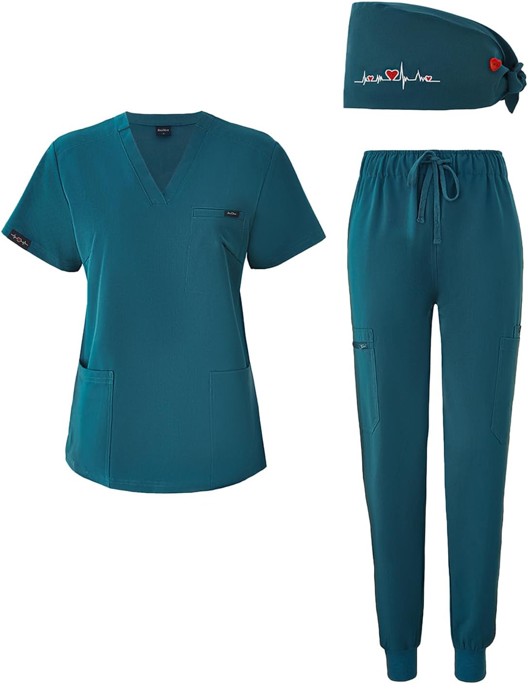 Women's V-Neck Scrubs Set With Cap, Stretchy Top and Jogger Pants, 11 Pockets Nursing Uniform