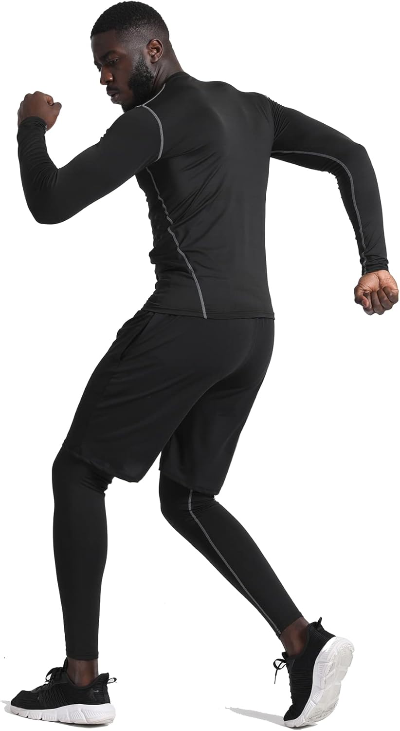 BUYJYA 5Pcs Men's Compression Pants Shirt Top Long Sleeve Jacket Athletic Sets Gym Clothing Mens Workout