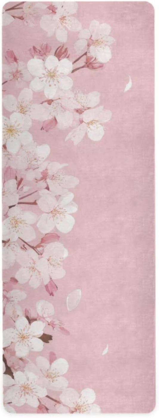 Cherry Blossom Flower Yoga Mat Non-Slip Eco-Friendly Exercise Fitness Mat for Yoga Pilates and Floor Workouts for Women & Men, 71 x 26 in