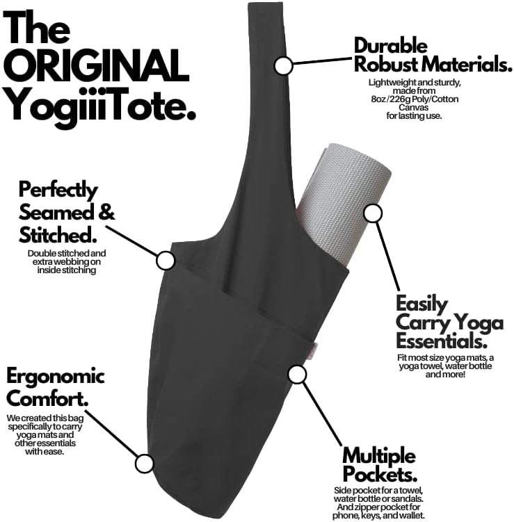 Yogiii Yoga Mat Bag | The ORIGINAL YogiiiTote | Yoga Mat Carrier Tote Sling w/Large Side Pocket & Zipper Pocket | Fits Most Size Mats