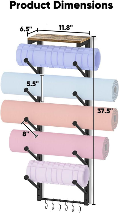 5 Tiers Yoga Mat Holder Rack Wall Mount with 6 Hooks for Hanging Accessory Yoga Strap Foam Rollers Resistance Bands, Yoga Mats Organizer with Floating Shelf for Home Gym Storage Fitness