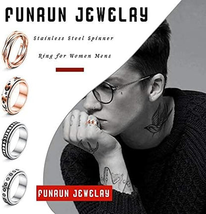 FUNRUN JEWELRY Stainless Steel Fidget Anxiety Ring for Women Men Fidget Spinner Rings Moon Star Celtic Stress Relieving Spinning Ring Wedding Band Rings Set,4-6Pcs