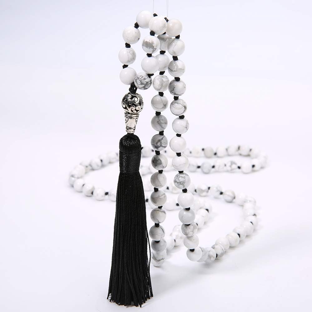 108 Mala Beads Necklace Semi-Precious Gem Stones Meditation Necklace 108 Hand Knotted Japa Mala Beaded Tassel Necklace with Tree of Life Pendant