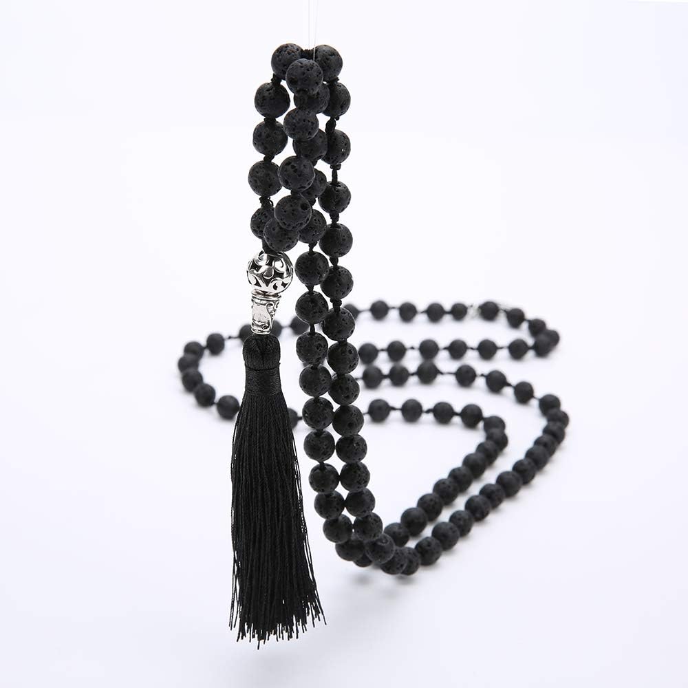 108 Mala Beads Necklace Semi-Precious Gem Stones Meditation Necklace 108 Hand Knotted Japa Mala Beaded Tassel Necklace with Tree of Life Pendant