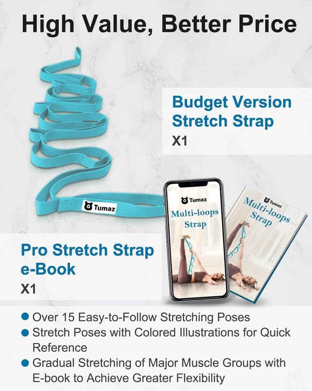 Tumaz Yoga & Stretching Essentials Bundle: 10-Loop Non-Elastic Stretch Strap for Physical Therapy, Yoga, Pilates & 2-Pack High-Density EVA Foam/Cork Yoga Blocks with 8FT Strap Set and E-Book