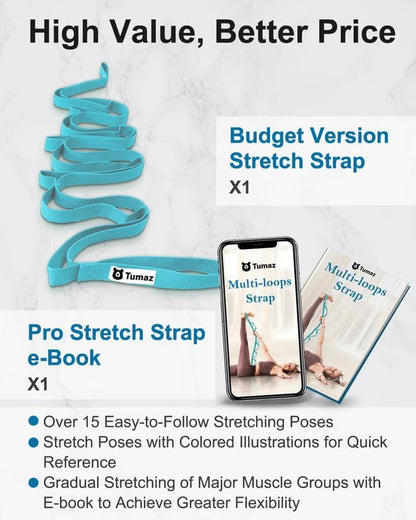 Tumaz Yoga & Stretching Essentials Bundle: 10-Loop Non-Elastic Stretch Strap for Physical Therapy, Yoga, Pilates & 2-Pack High-Density EVA Foam/Cork Yoga Blocks with 8FT Strap Set and E-Book