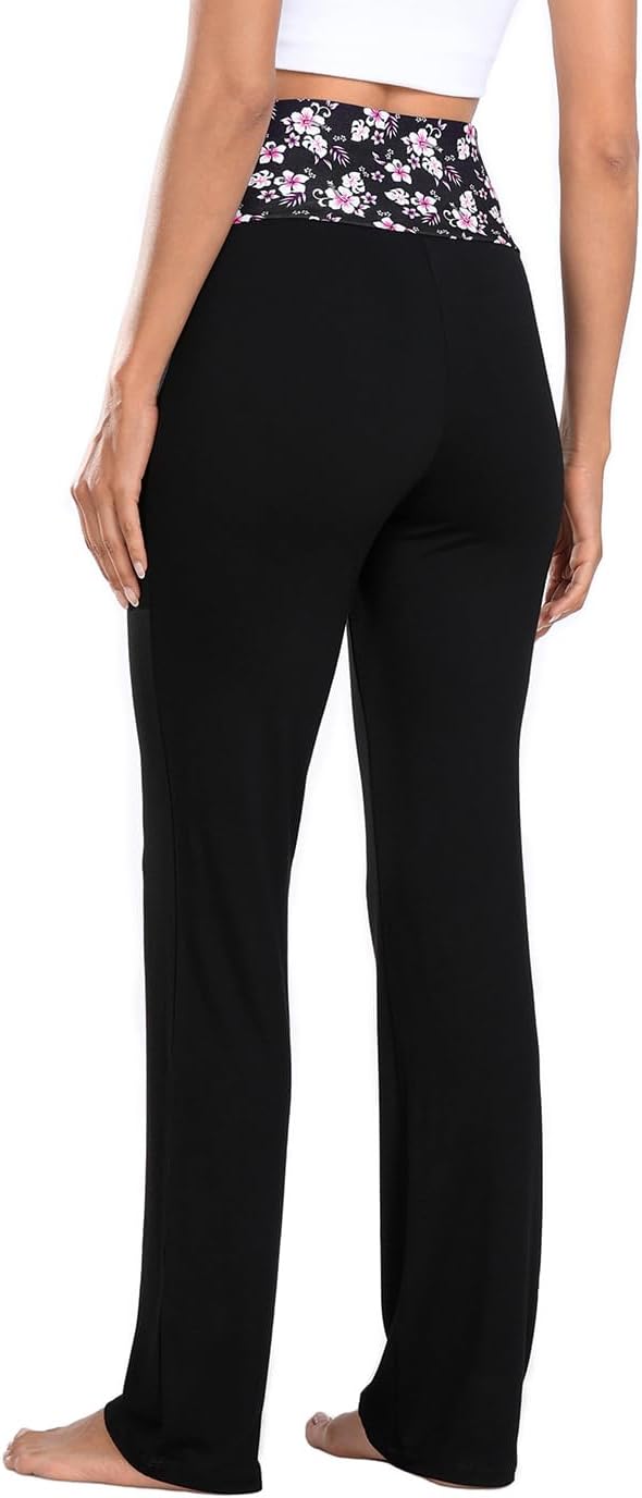 HDE Women's Color Block Fold Over Waist Yoga Pants Flare Leg Workout Leggings