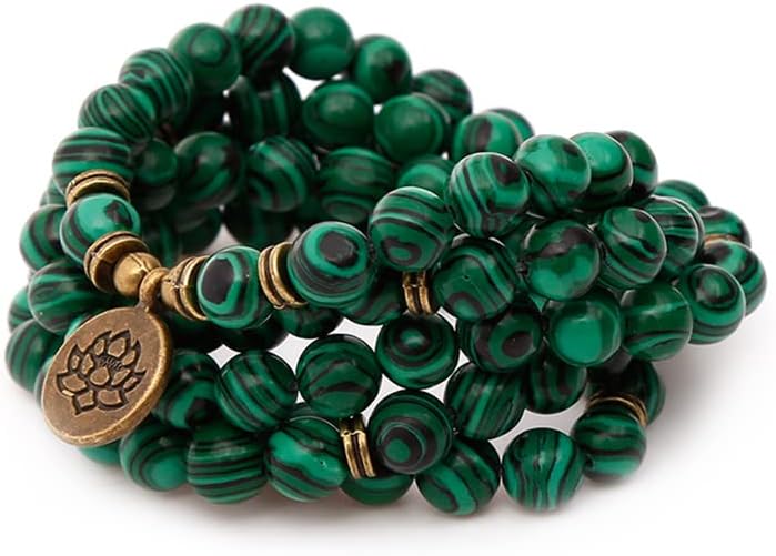 Mala Bead Strand Bracelet, 108 Buddhist Prayer Beads Yoga Meditation Green Malachite Beads Necklace Women man