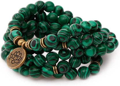 Mala Bead Strand Bracelet, 108 Buddhist Prayer Beads Yoga Meditation Green Malachite Beads Necklace Women man