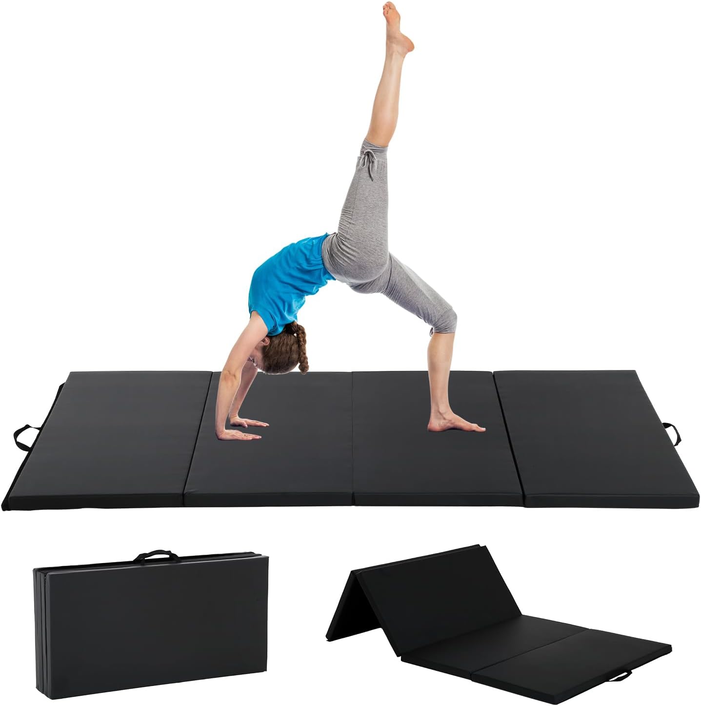 Gymnastics Mat for Tumbling, Folding Tumbling Mat Exercise Mat Gym Mat Tumbling Mats for Kids, Adults, PU Leather Yoga Mat with Carrying Handles