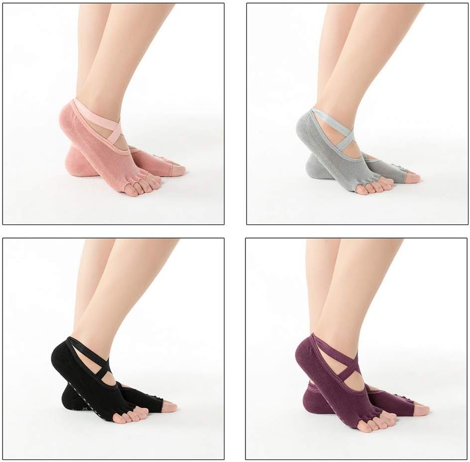 Pengxiaomei 4 Pairs Non Slip Yoga Socks, Women's Yoga Socks with Toes, Clasped Socks for Ballet Barre Dance