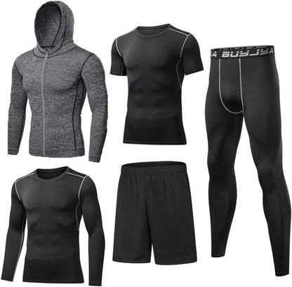 BUYJYA 5Pcs Men's Compression Pants Shirt Top Long Sleeve Jacket Athletic Sets Gym Clothing Mens Workout
