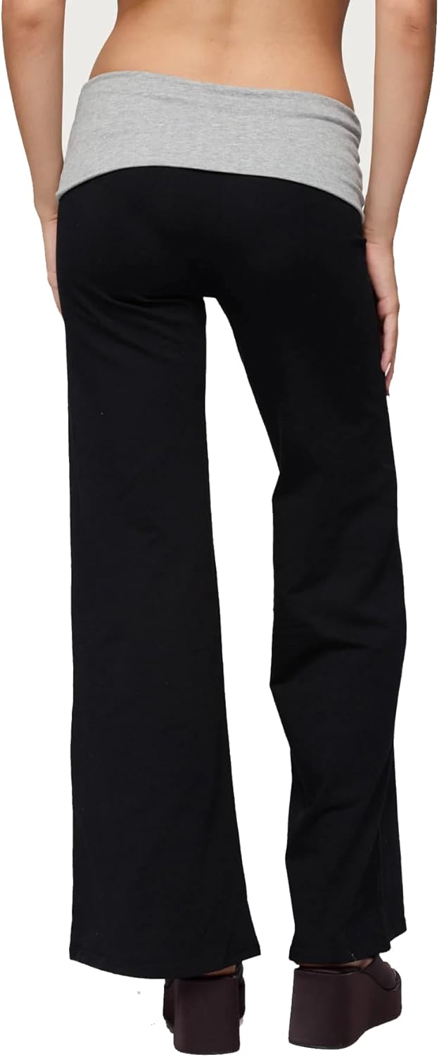 Women Y2k Fold Over Yoga Pants Colour Block Straight Leg Bottoms Low Rise Stretchy Lounge Trousers