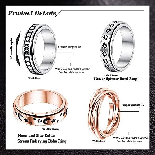 FUNRUN JEWELRY Stainless Steel Fidget Anxiety Ring for Women Men Fidget Spinner Rings Moon Star Celtic Stress Relieving Spinning Ring Wedding Band Rings Set,4-6Pcs