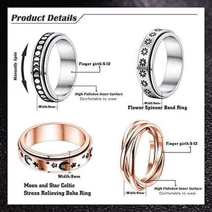 FUNRUN JEWELRY Stainless Steel Fidget Anxiety Ring for Women Men Fidget Spinner Rings Moon Star Celtic Stress Relieving Spinning Ring Wedding Band Rings Set,4-6Pcs