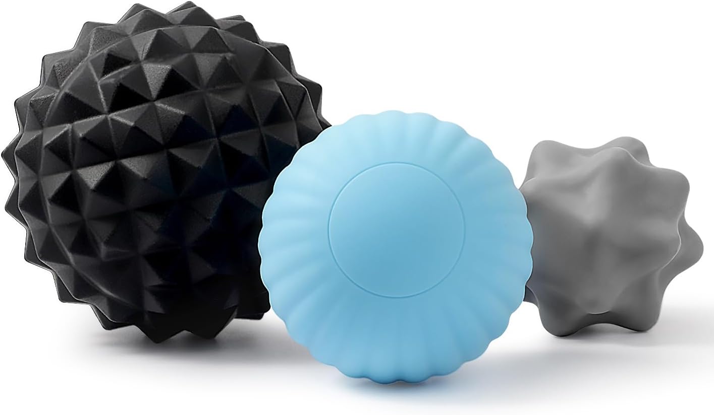 Silicone 3-Piece Massage Ball Set - Peanut, Textured and Spiky Lacrosse Balls to Relieve Tension,Muscle Knots & Plantar Fasciitis with Deep Tissue Release for Foot,Back,Hip,Arm & Legs