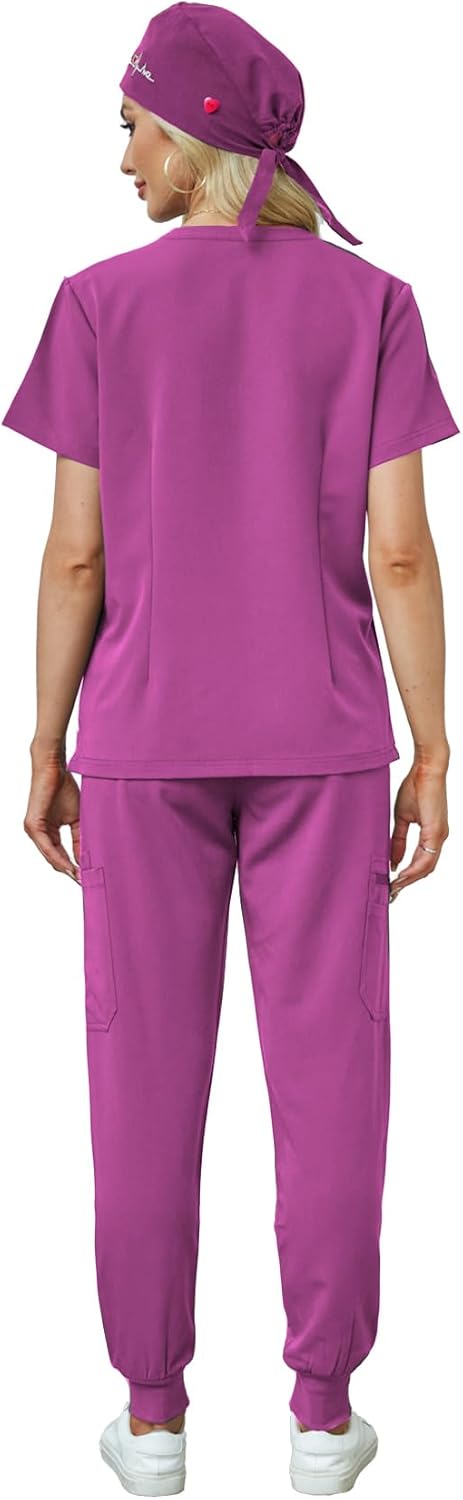 Women's V-Neck Scrubs Set With Cap, Stretchy Top and Jogger Pants, 11 Pockets Nursing Uniform