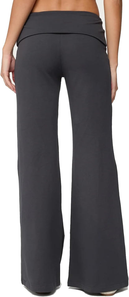 Women Y2k Fold Over Yoga Pants Colour Block Straight Leg Bottoms Low Rise Stretchy Lounge Trousers