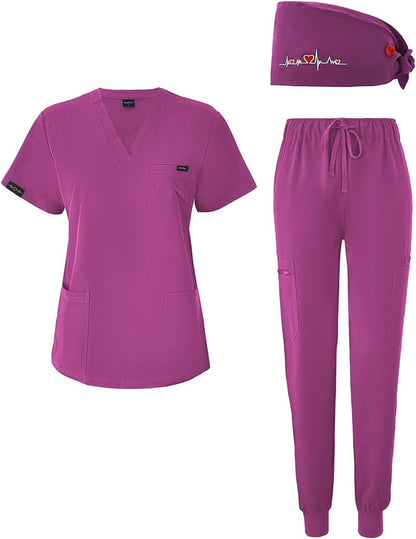 Women's V-Neck Scrubs Set With Cap, Stretchy Top and Jogger Pants, 11 Pockets Nursing Uniform