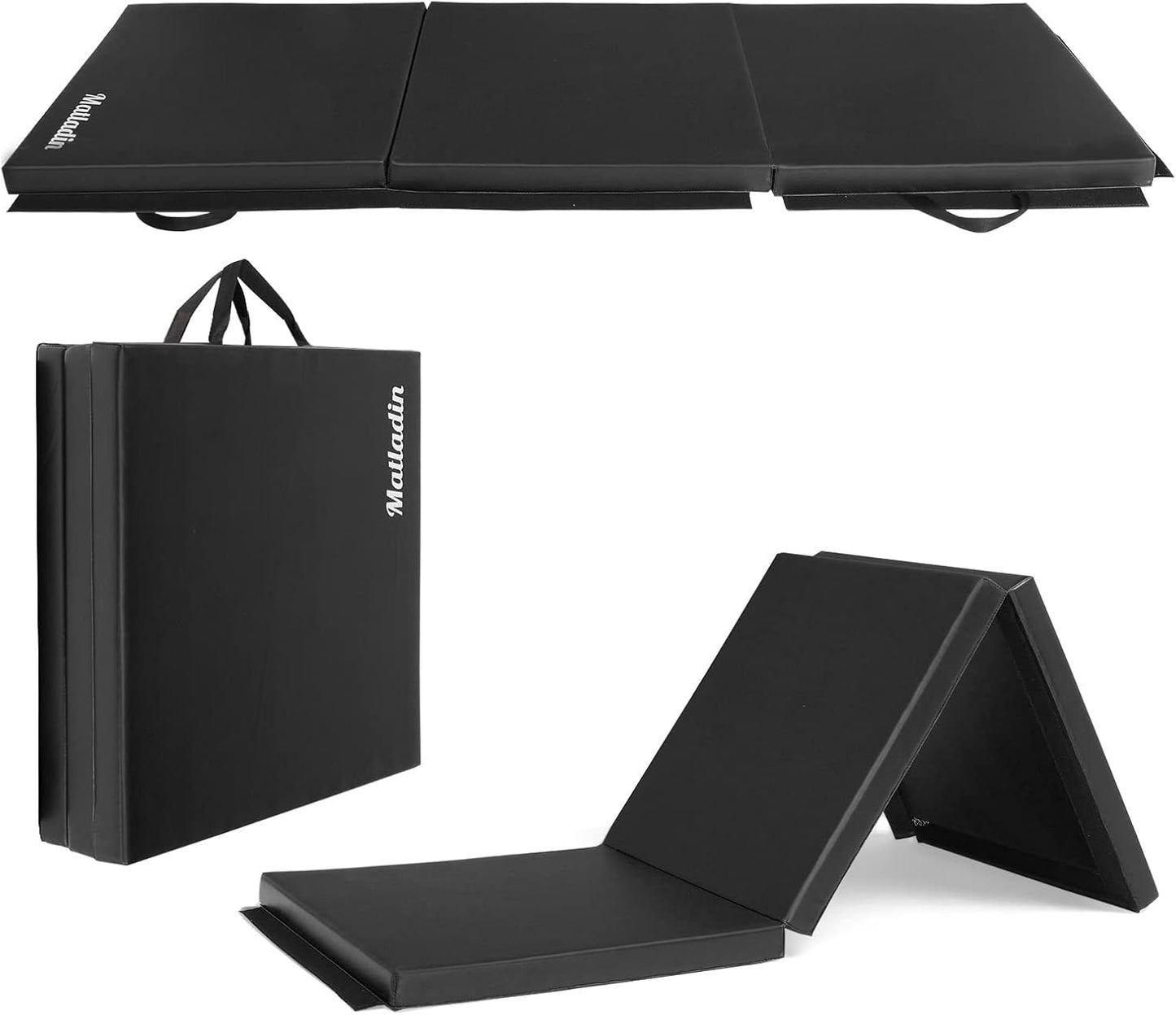 Matladin 6' Folding Tri-fold Gymnastics Gym Exercise Aerobics Mat, 6ft x 2ft x 2in PU Leather Tumbling Mats with Hook & Loop Fastener for Stretching Yoga Cheerleading Martial Arts