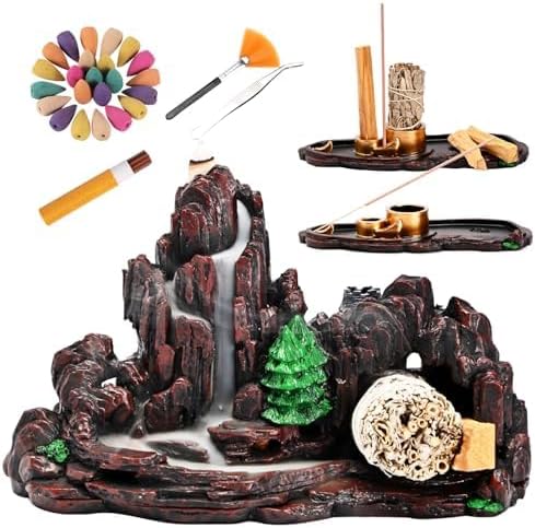 Mountain Waterfall Incense Burner，Backfall Incense Holder River, Incense Falls Meditation Decor for Room with Upgrade Incense Cones and Accessories (Mountain)
