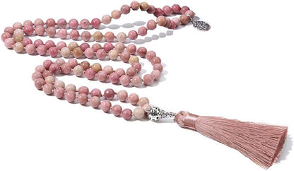 108 Mala Beads Necklace Semi-Precious Gem Stones Meditation Necklace 108 Hand Knotted Japa Mala Beaded Tassel Necklace with Tree of Life Pendant